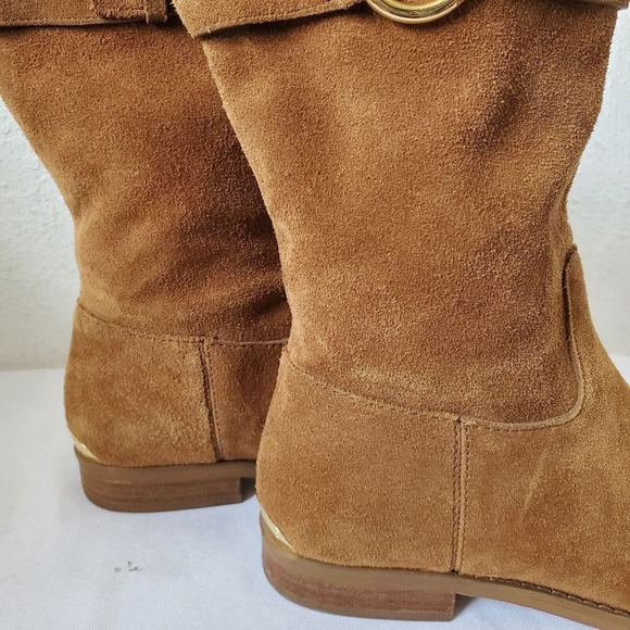 Michael Kors Logo Plate Rhea Brown Suede Boots Mid Calf Pull On Womens 5.5M US - Picture 4 of 14